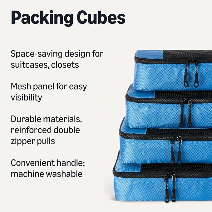 Amazon Essentials 4-Piece Space-Saving Packing Cubes Travel Accessories Set, Suitcase Organizer with Double Zipper, Mesh Top, Small, Sky Blue (Previously Amazon Basics) - Image 2
