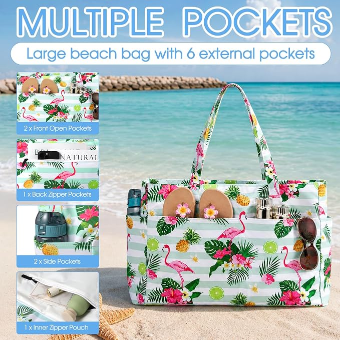 JATEBI Beach Bag with Makeup Pouch for Women | Waterproof Pool Tote Bags with Wet Compartment for Swim Shopping Travel, Zipper, Wet Compartment, 5 Pockets - Image 5