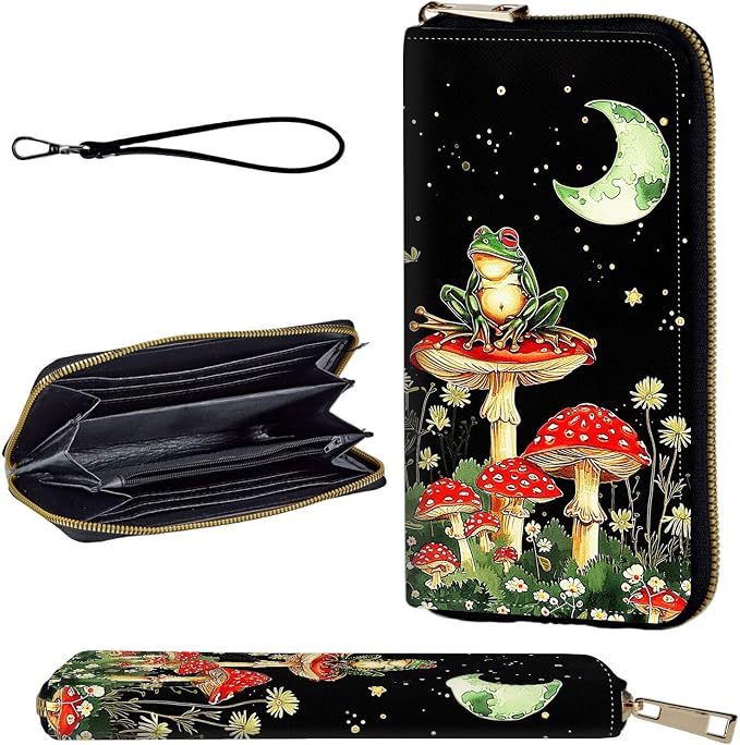 Wallet,Leather Long Wallet Suitable For Ladies And Teenagers - Detachable Wristband + RFID Travel Wallet With Card Slot - Aesthetic Mushroom Frog by Unknown