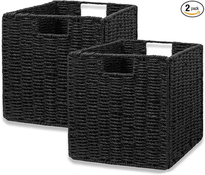 Storage Basket, Set of 2 Hand-Woven Storage Baskets for Organizing with Handles, Foldable Cube Storage Baskets Bins Organizer, 13 inch Large Wicker Baskets for Shelves & Decor, Black by Vagusicc