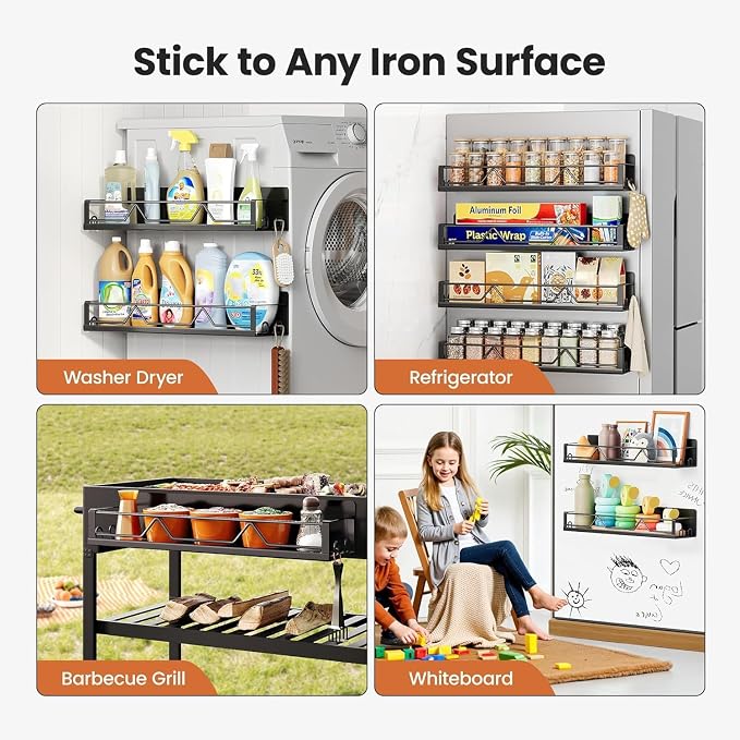 Mystozer 16.9 Inch Wide Large Capacity Magnetic Spice Rack for Refrigerator,5 Pack Metal Fridge Shelf Magnetic Spice Rack Kitchen Storage Refrigerator Organizers and Storage Spice Shelf (Black) - Image 7
