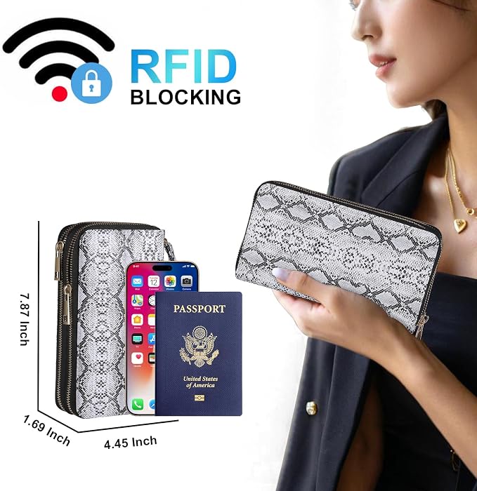 Double Zipper Wallet for Women That Hold Big Cell Phone with 17 Card Slots and Coin Pocket, RFID Blocking Anti Theft, Snakeskin - Image 2