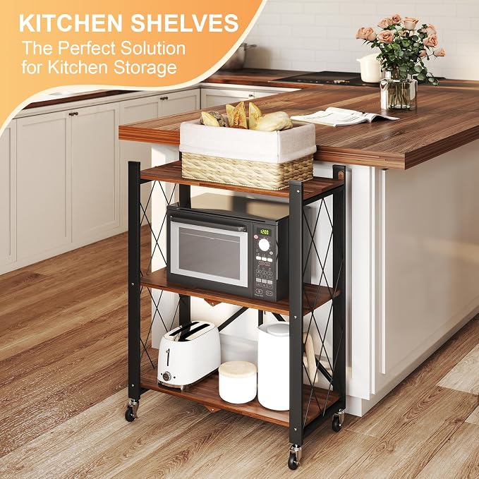 3 Tier Vintage Multifunctional Folding Shelf with Wheels | Portable Heavy Duty Storage Shelving, No-Assembly Metal Collapsible Rack Unit for Kitchen, Office, Bedroom, Rustic Brown - Image 7