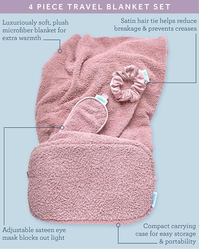 Bliss Womens Travel Blanket Set 4 Piece Microfiber, Sleep Mask & Case | Packable Kit Includes a Satin Hair Tie, Soft Throw Doubles As a Pillow in Its Carry Pouch, Great for Flights or Road Trips - Image 4