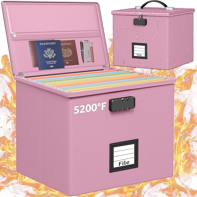 Pink Fire Proof File Box for Documents - Portable Fireproof Document Organizer Box with Handle Waterproof Safe Locking Folder Storage with Lid by ROSONG