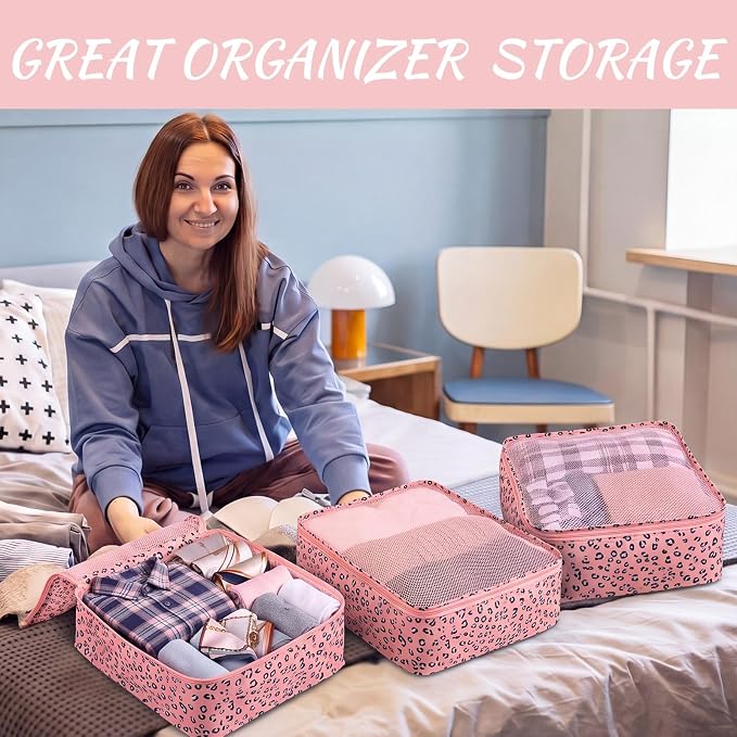 Silkfly 12 Pcs Packing Cubes for Suitcase Travel Luggage Bags Bulk Mesh Organizer Set for Hiking Camping(XL, L, M,Leopard,Pink) - Image 6