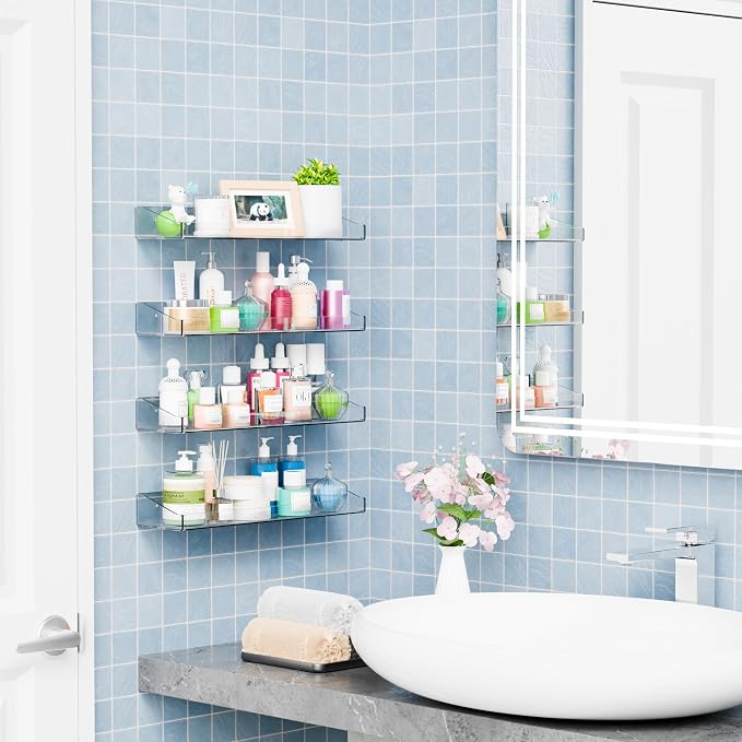 6 Pack Shower Shelf for Inside Shower - No Drill Bathroom Adhesive Shower Shelves,Large 15" Clear Wall Mount Bath Organizer,Floating Clear Bathroom Shelves for Makeup,Perfume,Shampoo Holder - Image 2