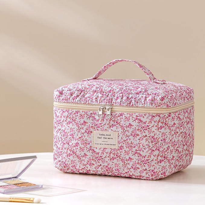 HBselect Quilted Makeup Bag, 3Pcs Cotton Large Travel Makeup Bags Organizer | Cute Floral Make up Bag Cosmetic Bag Toiletry Bag for Women Girls, Makeup Pouch for Skincare, Brushes & Travel Essentials - Image 5
