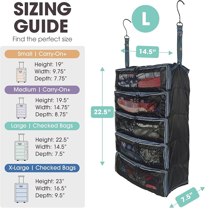 Hanging Suitcase Organizer - Our Large Hanging Luggage Organizer Fits Any Suitcase - Our Packing Cubes For Travel Uses Mesh Windows to Make it Easy to Find your Clothes (Black, L) - Image 4