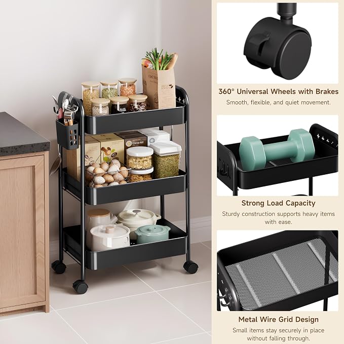 Heavy-Duty Rolling Cart 3 Tier Metal Utility Storage Cart | with Casters, Hooks & Hanging Cups, Rolling Storage Organizer for Kitchen Office Craft Snack Book - Image 6