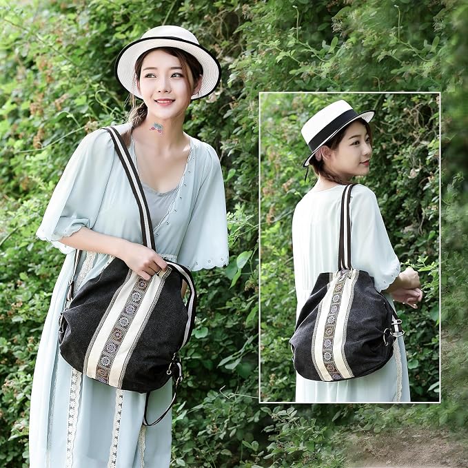 Goodhan WomCanvas Backpack Daypack Casual Shoulder Bag, Vintage Heavy-duty Anti-theft Travel Backpack(Grey Black) - Image 8