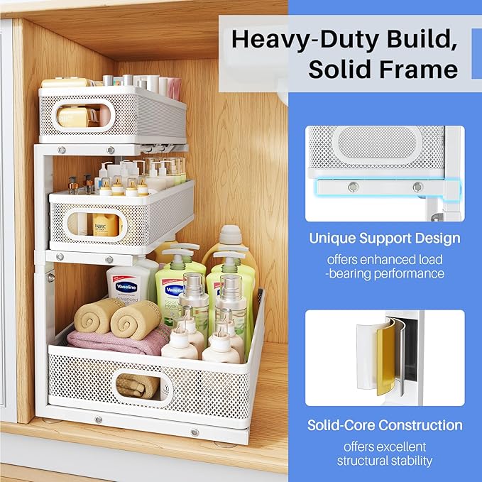 Under Sink Organizer, 3-Tier Thickened Metal Pull out Cabinet Organizer Shelf, Height Adjustable Slide out Storage Drawer Rack for Kitchen Bathroom Pantry Laundry Home Organization, 2-Pack, White | 35% Extra Storage Capacity, Carbon Steel, Hold Up 55lb... - Image 5