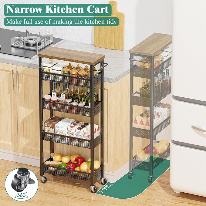 Slim Storage Cart 5 Tier Narrow Kitchen Rolling Cart on Wheels for Small Space, Metal Utility Cart Narrow Bathroom Storage Cabinet Mobile Shelf Unit Organizer with Wood Top and Handle, Black - Image 2