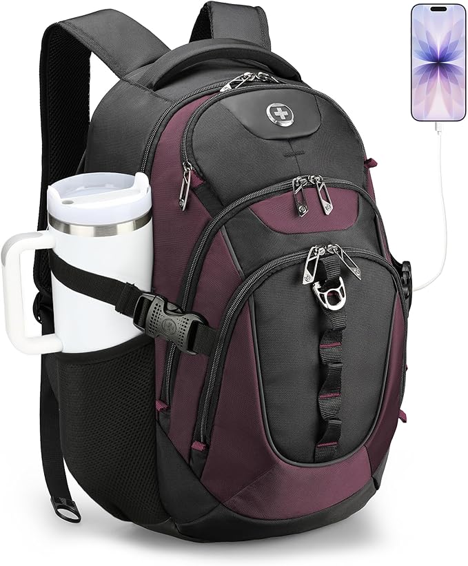 Swissdigital Design Laptop Backpack with USB Charging Port, Travel Backpack Fits 15.6 inches Computer, 31L College School Backpack for Women, Angola red/Black | SD803-44 by SwissdigitalDesign