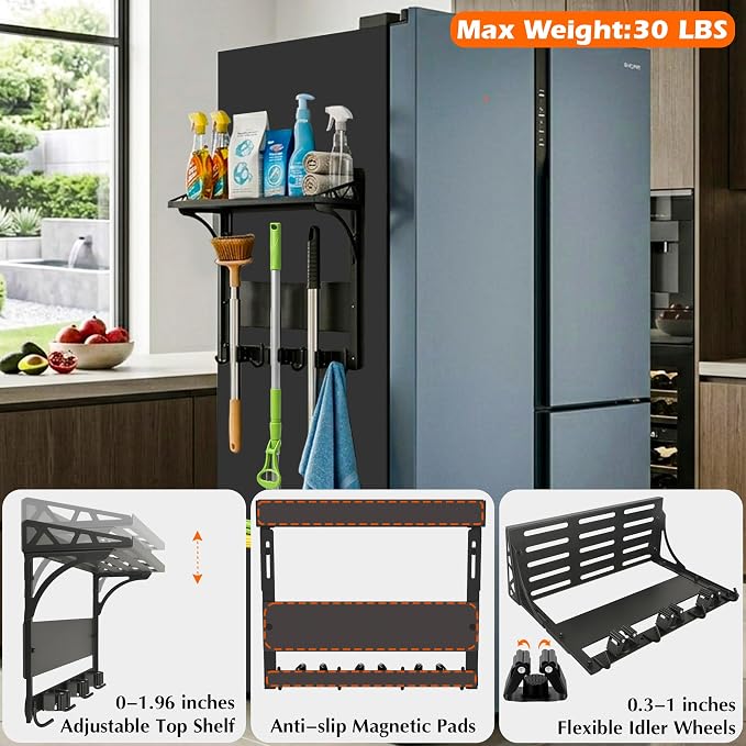 MUTUACTOR Heavy Duty Magnetic Broom Holder,Anti-slip Magnetic Tool Rack with Top Utility Shelf, Easy Assembly Broom Mop Organizer for Refrigerator Metal Cabinet Laundry Room Kitchen,3-Clamps 4-Hooks - Image 9