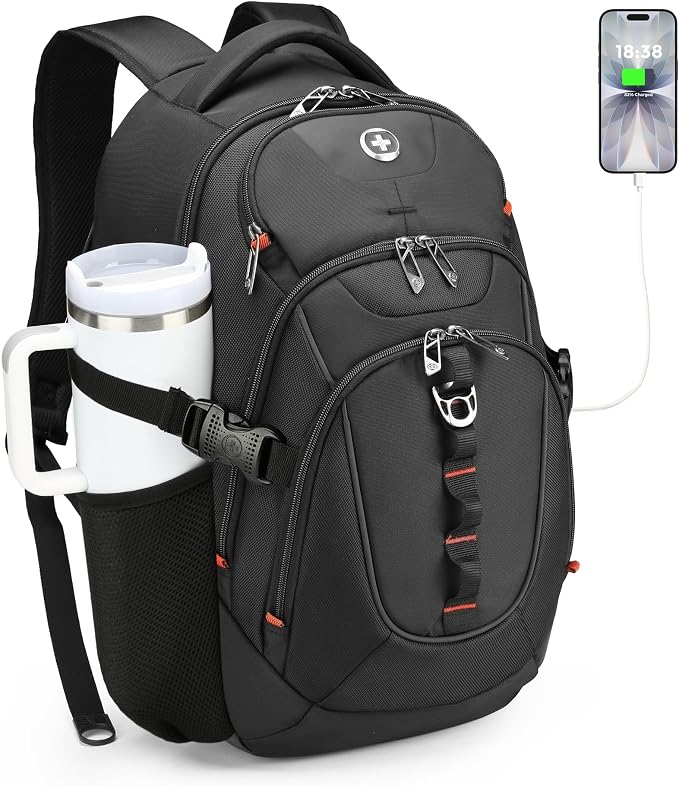 Swissdigital Design Laptop Backpack with USB Charging Port, Travel Backpack Fits 15.6 inches Computer, 31L College School Backpack for Men, Black | SD803-01 by SwissdigitalDesign
