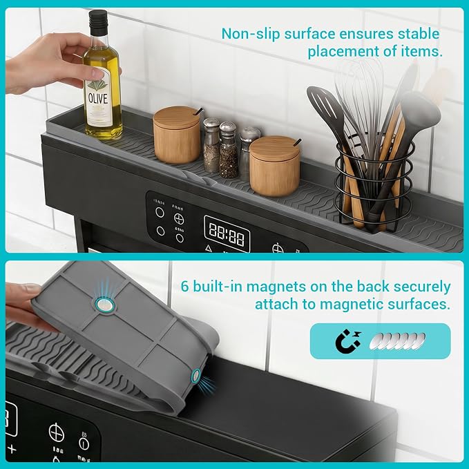 Silicone Over The Stove Shelf, 30 Inch Magnetic Stove Top Organizer - No Drill Space Saving Storage Rack for Spices & Kitchen Utensils, Perfect for Small Kitchen & Apartments (Grey) - Image 2