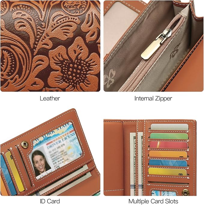 GOIACII Leather Wallets for Women RFID Blocking Western Clutch Brown | Embossed Design, Trifold, Large Billfolds, Vintage Flower, Ladies Purses with Zipper Coin Pocket - Image 6