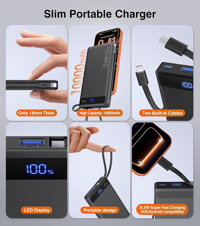 10000mAh Power Bank Built-in 2 Cables, 22.5W PD Slim Fast Portable Charger | USB C Battery Pack, Travel Essentials PD Fast Charging Powerbank Compatible with iPhone 17 16 Plus Pro Samsung iPad(1 Pack) - Image 6