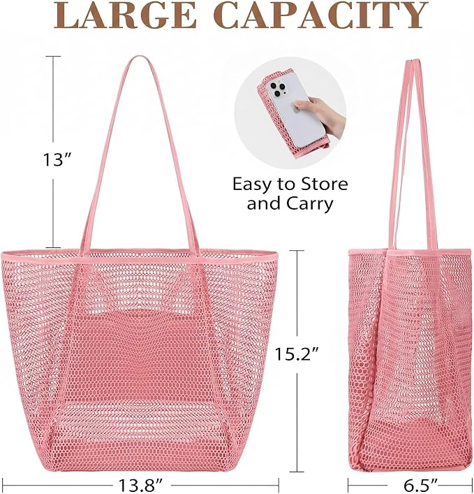 Mesh Beach Tote Bag for Women, Sandproof Quick Dry Foldable Travel Bag - Image 2