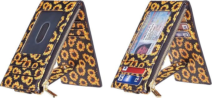 Chelmon Women's RFID Slim Card Holder Wallet | Thin Bifold Multi Card Case with Zipper Coin Pocket Purse for Women(Sunflower) - Image 2