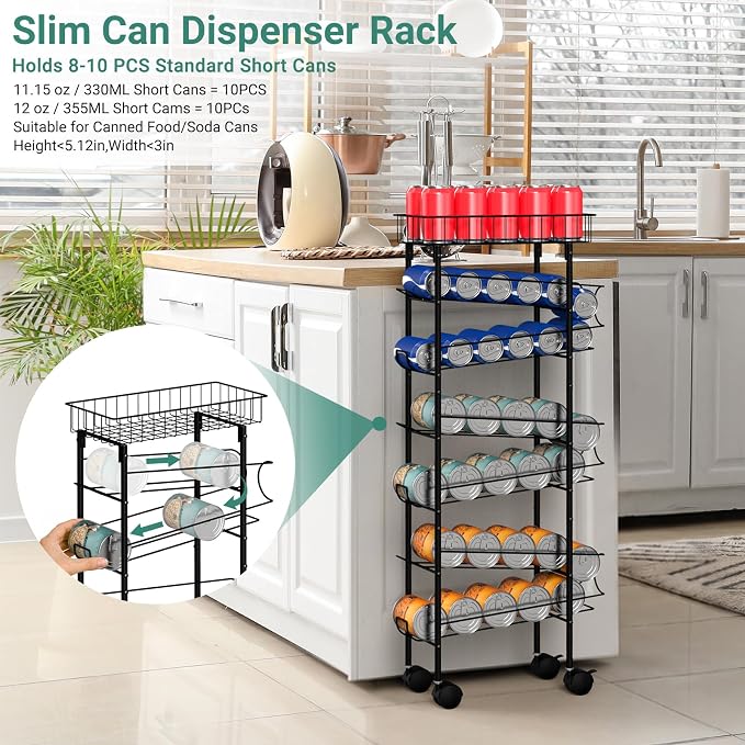 MOOACE Slim Soda Can Organizer Rack, Canned Food Organizer with Wheels | Cans Dispenser Shelf, Rolling Kitchen Storage Carts, Beverage Soup Cans Drink Holder for Pantry Narrow Space, Black - Image 4
