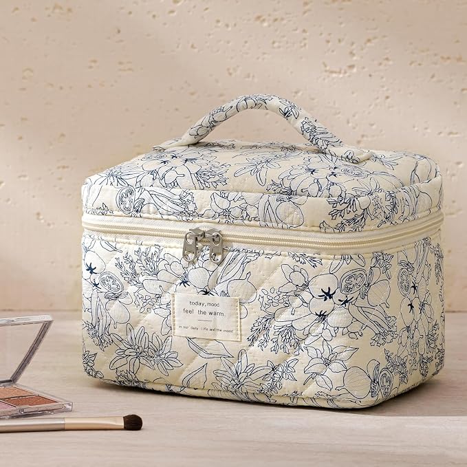 HBselect Quilted Makeup Bag, 3Pcs Cotton Large Travel Makeup Bags Organizer | Cute Floral Make up Bag Cosmetic Bag Toiletry Bag for Women Girls, Makeup Pouch for Skincare, Brushes & Travel Essentials - Image 6