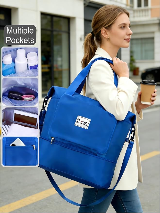 Foldable Travel Duffel Bag for Women, Blue | 40L Expandable Water-Resistant Carry on Bag, Personal Item Travel Bag Flight Approved with Wet Pocket for Gym Travel, Nylon - Image 3