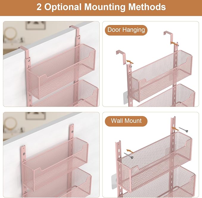 VyGrow Over The Door Organizer, Metal Door Organizer Hanging with 5 Adjustable Baskets and Coat Hook, Behind The Door Storage for Bedroom Closet Bathroom Pantry Cabinet Kitchen, Pink - Image 4