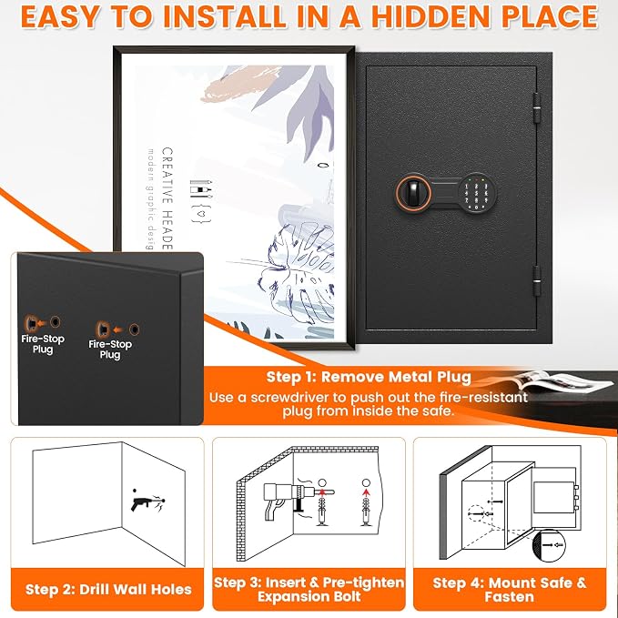 2026 35-Min 1700°F Fireproof Safe, 23.7" Tall 43Lbs Safe Box for Document | with Alarm System, LED Light, Wall Mount Fire Safe for Closet Bedroom, Safes for Home Use Fire Waterproof - Image 7