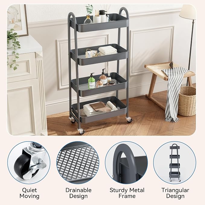 NEWBULIG 4-Tier Metal Rolling Storage Utility Cart with Lockable Wheels | Mobile Organizer Shelf, Space-Saving, Freestanding, Bathroom, Living Room, Slim, Narrow Corner Spaces, Grey - Image 2