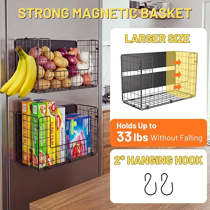 2 Set Magnetic Shelf for Fridge , Fruit Potato & Onion Storage Bins, Pantry Organizers & Storage, Large Container Magnetic Basket for Refrigerator, Kitchen Counter, Cabinet, Magnetic Fridge Organizer | 50 lbs strong magnet, no-drill, large capacity, ve... - Image 2