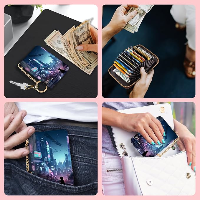 Blusabaca RFID Credit Card Holder Small Women Travel Wallet, Cyberpunk Art | Removable Keychain, Case with Zipper, Vegan PU Leather, Cash Coin Pocket, Business Accordion Purse, Ladies Female Gift - Image 3