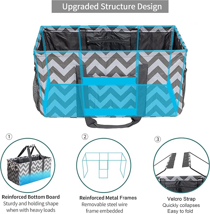 Extra Large Utility Tote Bag, Reusable Grocery Bags Foldable,Upgraded Metal Frame, With Sturdy Handles Reinforced Bottom Heavy Duty Oxford Fabric Moving Shopping Bags, Grey and White Ripples - Image 3