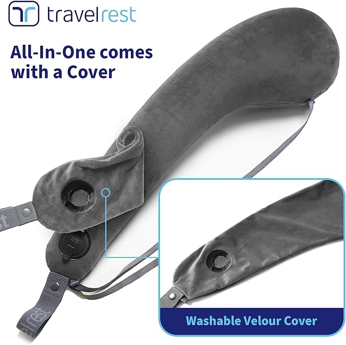 TRAVELREST All-in-One Travel Neck Support & Body Pillow - Grey | Memory Foam Cover, Inflatable Travel Essential, Upper Compact Support, Sleeping Accessories, Road Trip & Long Flight Comfort - Image 2