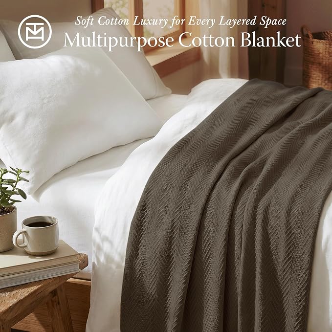 Threadmill Luxury Cotton Blankets for Queen Size Bed | All-Season 100% Cotton Queen Size Blanket | Herringbone Cozy, Soft Breathable Fall Thermal Blanket fits Full Size Bed | Espresso - Image 2