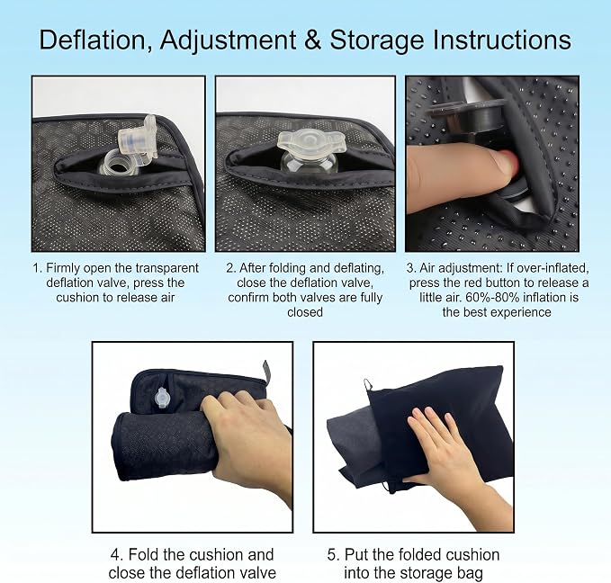 Inflatable Seat Cushion for Airplane Travel, Black | Press-to-Inflate Without Pump, Decompression Cushion, Portable, For Office, Wheelchair, Car Seats, Long Journey - Image 5