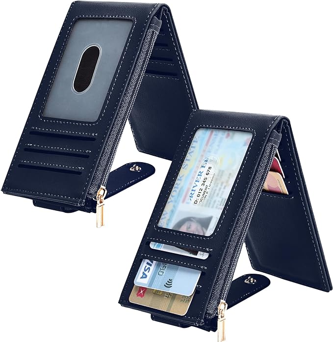 Chelmon Women's RFID Slim Card Holder Wallet | Thin Bifold Multi Card Case with Zipper Coin Pocket Purse for Women(Navy Blue) - Image 2