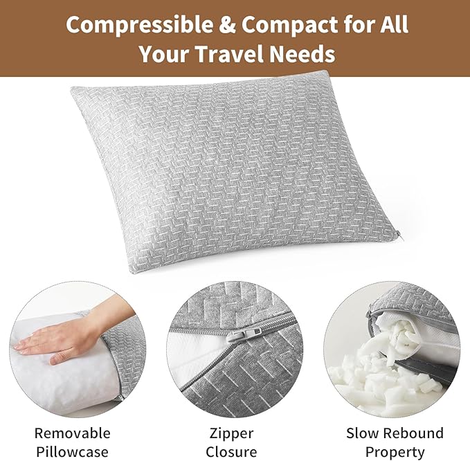 Travel Pillow Breathable Cover, Compressible Memory Foam Pillow Medium Firm for Travel Airplane Car Hiking Camping Outdoor - Image 3