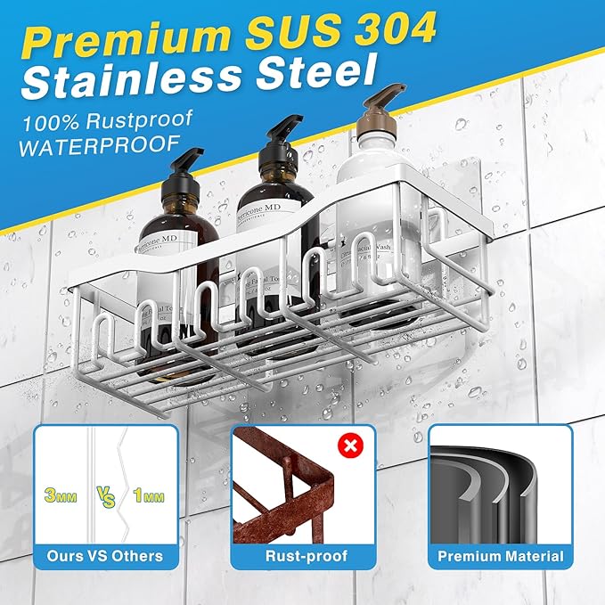 Shower Caddy 5 Pack,Adhesive Shower Organizer for Bathroom Storage&Home Decor&Kitchen,No Drilling,Large Capacity,Rustproof Stainless Steel Bathroom Organizer,Shower Shelves for Inside Shower-Larger - Image 5