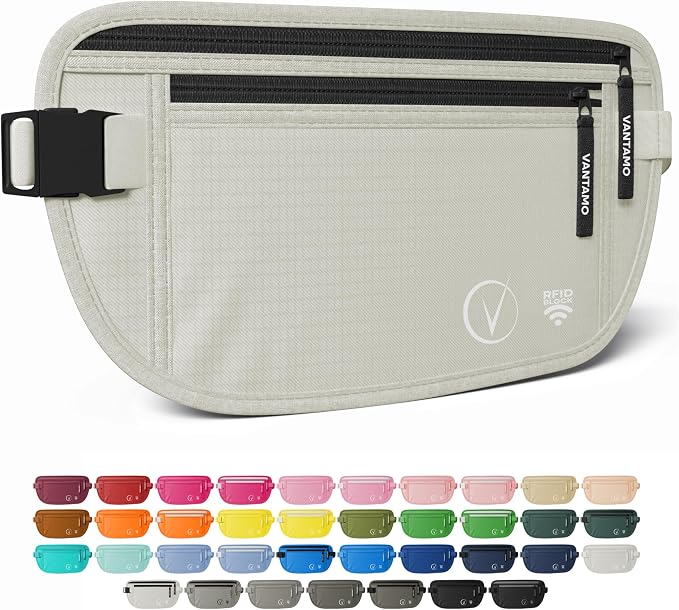 Vantamo Money Belt with RFID For Men & Women, Hidden Passport Holder for Travel, 2 Compartment Travel Fanny Pack for Women Anti Theft by Vantamo