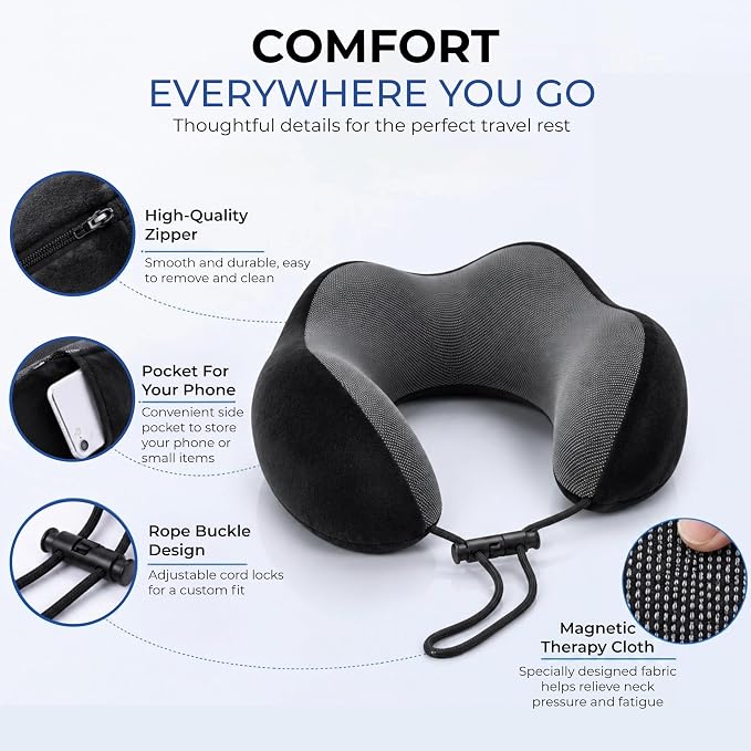 Travel Neck Pillow, Premium Memory Foam, Travel Pillow for Flights, Neck Pillow for Travelling, Ergonomic Neck Support Cushion, Lightweight & Washable Cover (Black - U-Shape) - Image 7