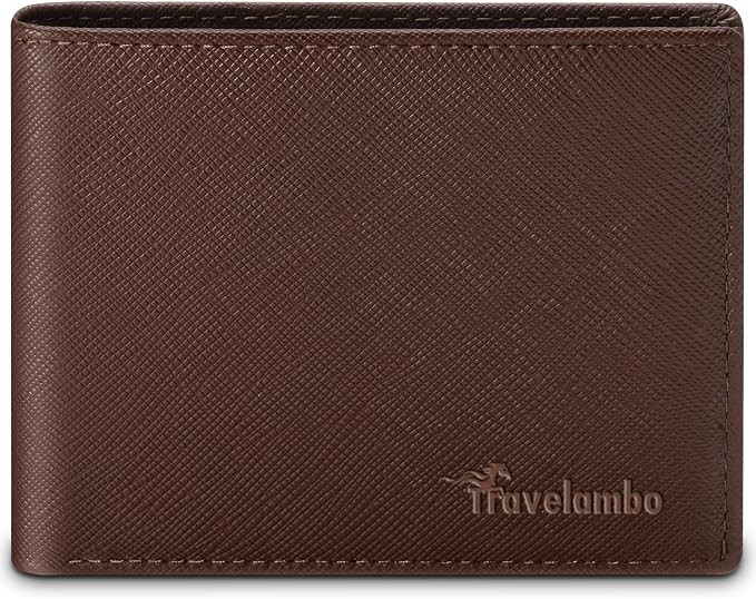 Travelambo Leather Wallet for Men, Slim Minimalist RFID Credit Card Holder | Mens Thin Bifold Pocket Wallet, Gift for Father, Crosshatch Coffee by Travelambo