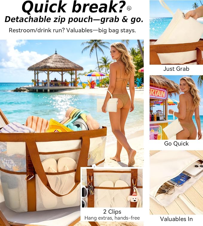 Chic Cruise Essentials Beach Bag for Women, Large Zip Top Tote, 11 Pockets | 40L+ Spacious;Mesh × Canvas;Zipper Pouch;Secure Zip-Top;Sand-Resistant Base - Image 5
