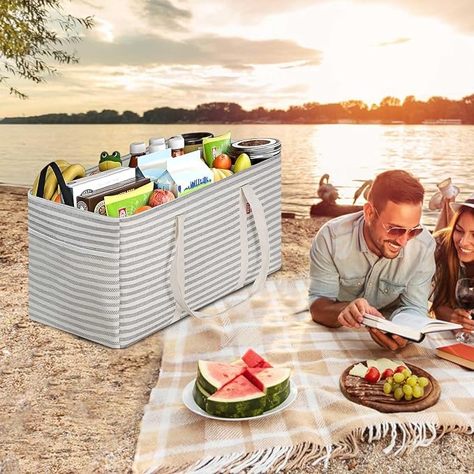 LHZK Standing Extra Large Utility Tote Bag with Metal Wire Frame and the Sides Rinforced, Extra Large Tote Bag with Handle, Reusable Grocery Bags Foldable, Beach Bag, Car Tote (Grey, 26''x15''x13'') - Image 3