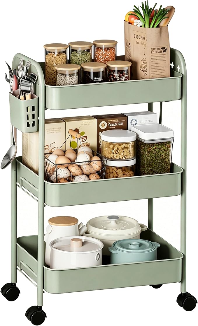 Heavy-Duty Rolling Cart 3 Tier Metal Utility Storage Cart | with Casters, Hooks & Hanging Cups, Rolling Storage Organizer for Kitchen Office Craft Snack Book by Unknown