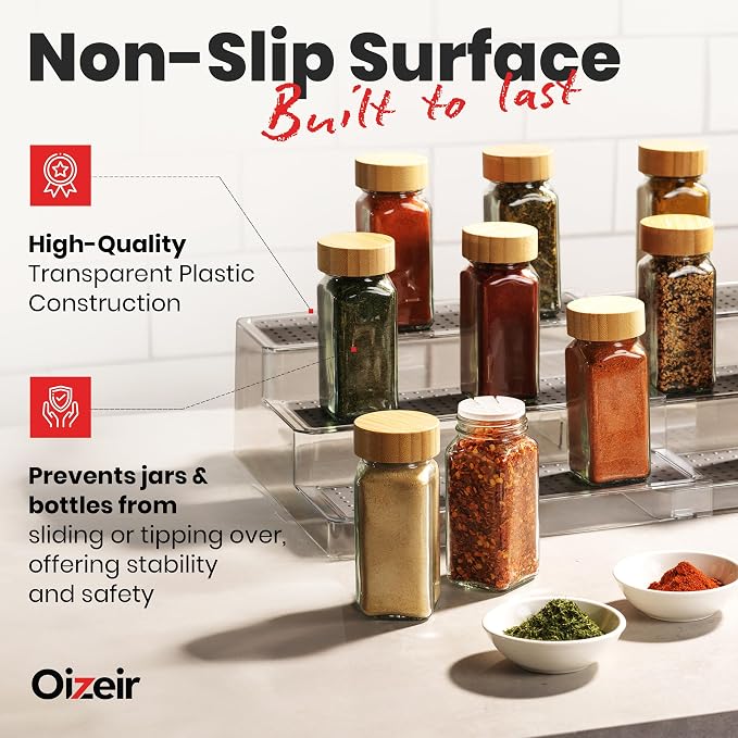 Oizeir Expandable Spice Organizer Rack - 3-Tier - Clear Adjustable Tiered Shelf Spices Organization for Kitchen Cabinet and Pantry Storage - Image 3