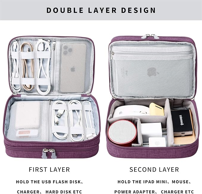 Lanola Travel Cable Organizer Bag, Electronic Accessories Case Portable Double Layer Cable Storage Bag for Cord, Charger, Flash Drive, Phone, SD Card,Personal Items - (Purple) - Image 3