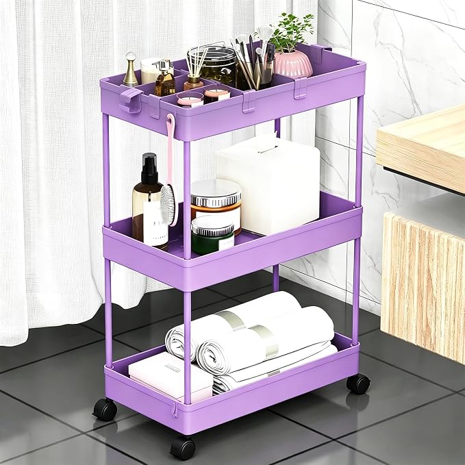 Slim Storage Cart 3 Tier,Bathroom Organizer Rolling Utility,Mobile Shelving Unit Slide Out for Office, Kitchen, Laundry Room & Narrow Places,Purple by Home