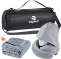 Travel Pillow and Blanket Set for Airplane, Hooded Memory Foam Neck Pillow | Soft blanket, privacy hood, earplugs, carry bag and memory foam neck support for airplane travel, long flights and road trips by Vzpeun
